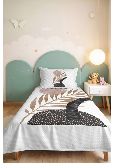 Botanik Bej Boho Tek Kişilik Pike Takımı - Modern Siyah Pudra 160x220 Cm Kapitone Yatak Örtüsü Esintili Günce Harmonu