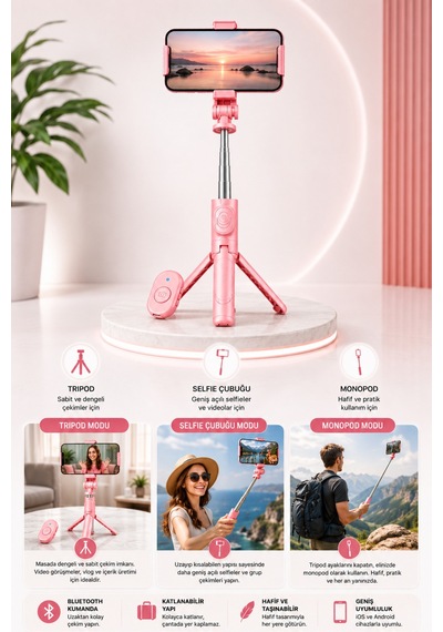 Concord 100 Cm Bluetooth Kumandalı Led Işıklı Selfie Çubuğu 3'ü 1 Arada Telefon Tripod Vlog Standı