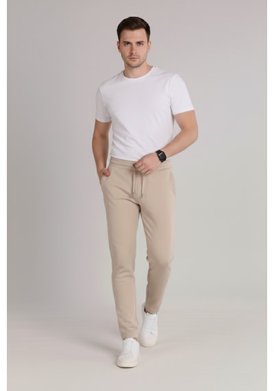 Bürke Erkek Bej Beli Lastikli Bağcıklı Duble Paça Jogger Pantolon