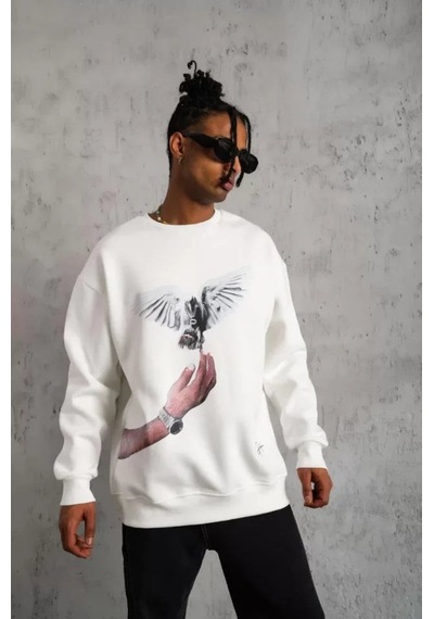 Yake Store Erkek Güvercin Baskılı Sweatshirt - Beyaz - Beyaz