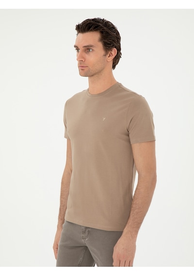 Vizon Slim Fit Bisiklet Yaka Merserize Basic T-shirt Kahverengi