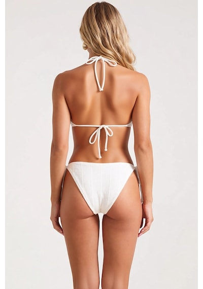Benerly Kadın Bikini Takımı Simli Örme Kumaş Üçgen Yaka Halter Bağlamalı Ekru