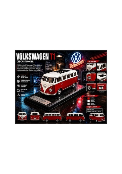 Volkswagen T1 Minibüs Diecast Model Araba Özel Standlı Volkswagen T1 Minibüs Kırmızı