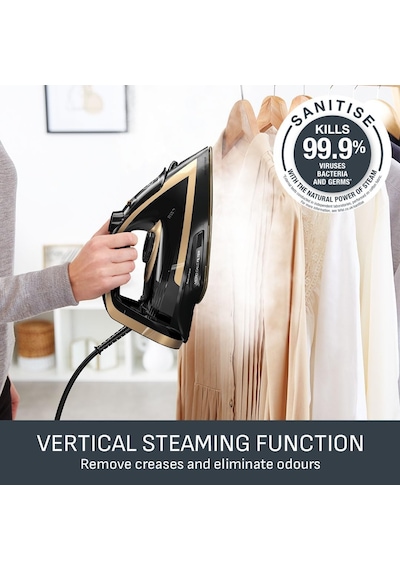 Fv8064 Puregliss Buharlı Ütü 3000 Watt 280 G/dk Buhar Darbe 0 50 G/dk Değişken Buhar Dikey Buharlı Durilium Airglide Autoclean Ütü Tabanı Micro-calc Filtre, Siyah/altın