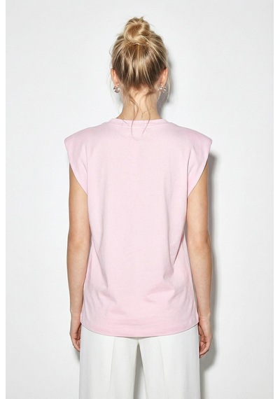 Kadın Taş İşlemeli Vatkalı Omuz Detaylı %100 Pamuk T-shirt 1075 60286066 - Pembe