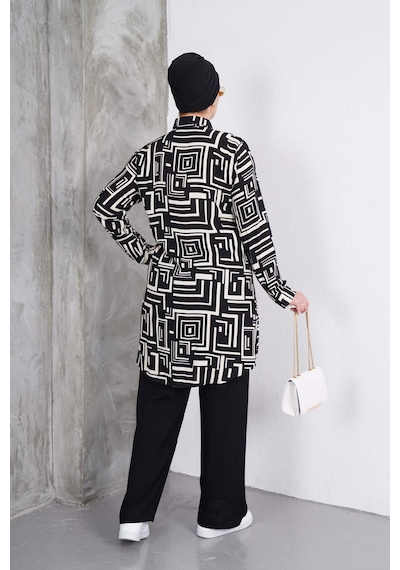 Polologin Butik Beyaz Labirent Çizgili Tunik Ve Siyah Pantolon Takım Çok Renkli