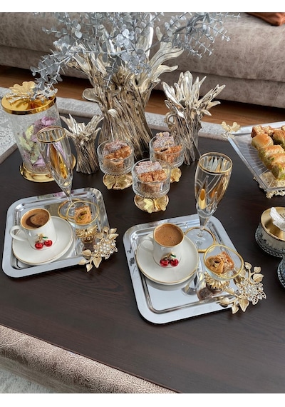 Atabey Home Collection 6'lı Kahve & Çay & Sunum Tepsisi Çelik Gümüş Tepsi Lüx Taşli Model