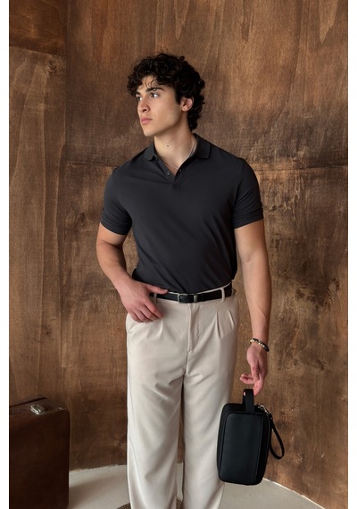 Erkek %100 Pamuk Düğmeli Polo Yaka T-shirt Antrasit
