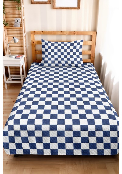 Mavi Damalı Genç Odası Tek Kişilik Pike Takımı-kareli Modern Ekose 160x220 Cm Kapitone Yatak Örtüsü Nazlı Kül Kabuğu