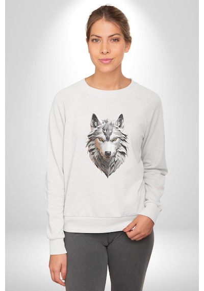 Beyaz Kurt Kafası Unisex Beyaz Baskılı Sweatshirt Beyaz