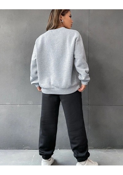 Oversize Basic Eşofman Takımı Alt Siyah Üst Gri Gri