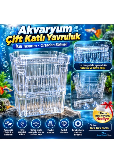 Akvaryum Çift Katlı Yavruluk - İkili Hazne - Hava Asansörlü - Şelale Filtreli - 14x14x8 Cm - Balıklar İçin Güvenli