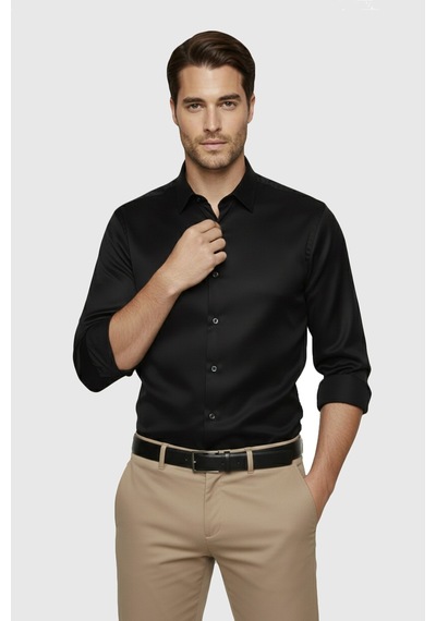 Rizzup Siyah Slim Fit Erkek Gömlek Kolay Ütülenen Nefes Alan Kumaş, Dört Mevsim Şıklık 2608515