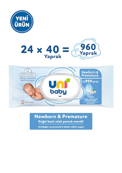 Uni Baby Newborn & Premature Yenidoğan Islak Pamuk Mendil 24x40 960 Yaprak 24'lü Set