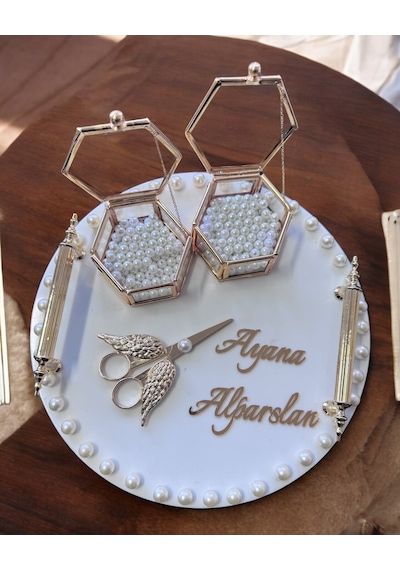Ansel Gold İncili Söz Nişan Tepsisi Beyaz