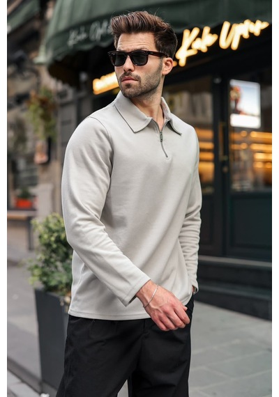 Madmext Boyalı Gri Yarım Fermuarlı Polo Yaka Dokulu Erkek Sweatshırt E7197