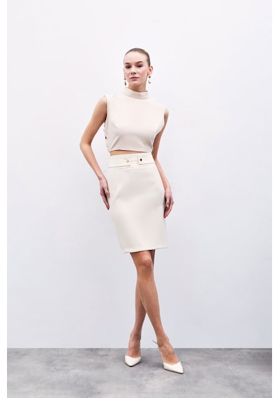 Sateen Çıt Aksesuarlı Mini Etek - Bej
