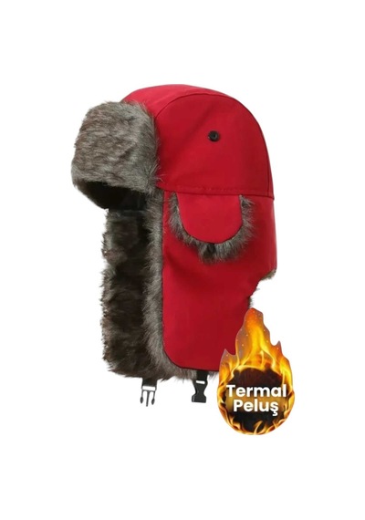 Unisex Termal Peluş Kürklü Pilot Şapka Kırmızı