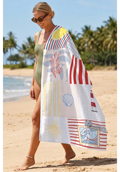 Denizci Marine Temalı Çizgili Plaj Havlusu - Akdeniz Kırmızı Mavi Patchwork Mikrofiber Havlu Sedef Bulut