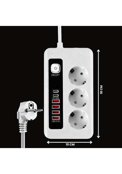 Smayling 3500w Akım Korumalı Çoklu Priz - 3 Priz Girişi, 2 Type-c + 4 Usb Port, Pd 18w Hızlı Şarj, Açma/kapama 0