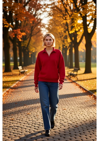 Benerly Kadın Polo Yaka Düşük Kol Geniş Kesim Örme Sweatshirt Fonksiyonel Kırmızı