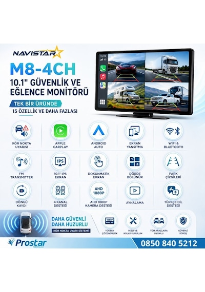 10.1 İnç Dokunmatik 4 Kanal Kayıtlı Kablosuz Carplay Wifi Kör Nokta Uyarılı Araç Monitörü 512 Gb Destekli