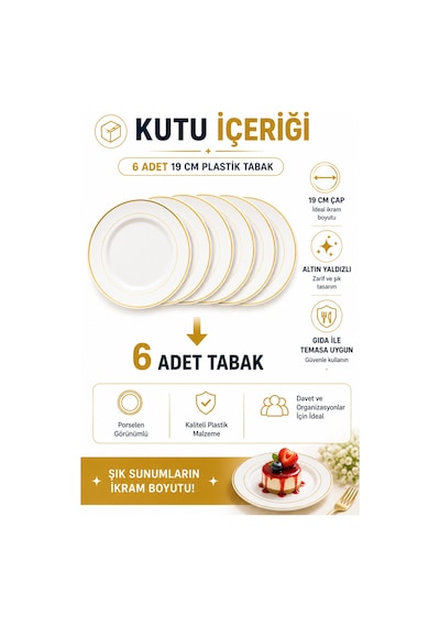 6'lı Altın Yaldızlı Plastik Tabak 19 Cm Porselen Görünümlü Kullan At Parti Davet İkram Tabağı