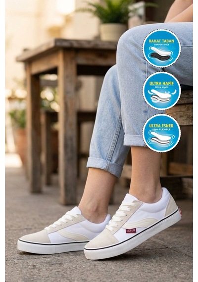 Walkway Beyaz Dar Kalıp Nefes Alan Bağcıklı Keten Erkek Spor Ayakkabı Sneaker 1002 G