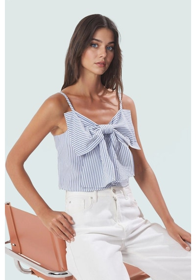 Ersefa Rahat Yazlık Çizgili Crop Bluz Fiyonklu Dokuma Kumaş Uzun Ömürlü Mavi