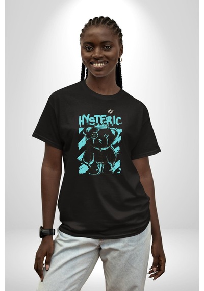 Histerik Pamuklu Bisiklet Yaka Unisex Oversize Boyfriend Dijital Baskılı Siyah T-shirt Siyah