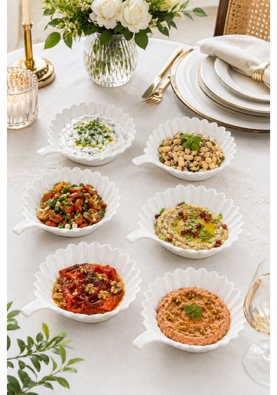 Porsima 6'lı Beyaz Porselen Kulplu Kase Seti Çerez, Meze, Salata Ve Kahvaltılık Servis Kasesi 15cm