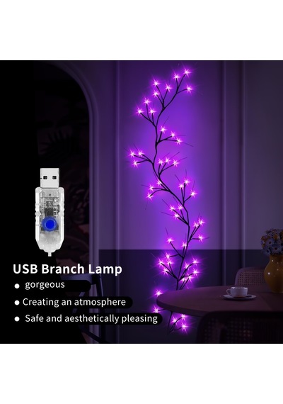 Dekoratif Led Ağaç Dalı Işık - Mor Işıklı Duvar Dekoru Ortam Aydınlatması 36 Led Mor Işık