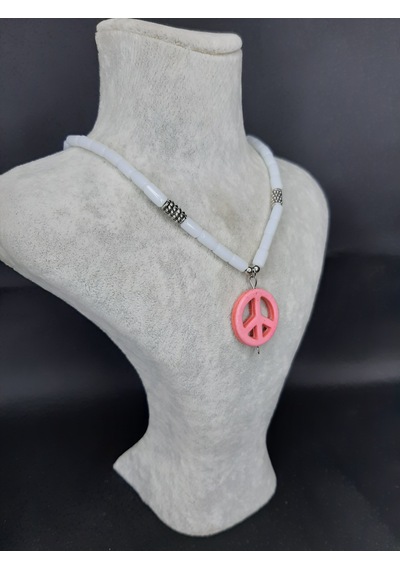 Mryart Doğal Taş Boncuklu Pembe Barış Sembollü Kolye Unisex Bohem Tarz Aksesuar 001 - Beyaz