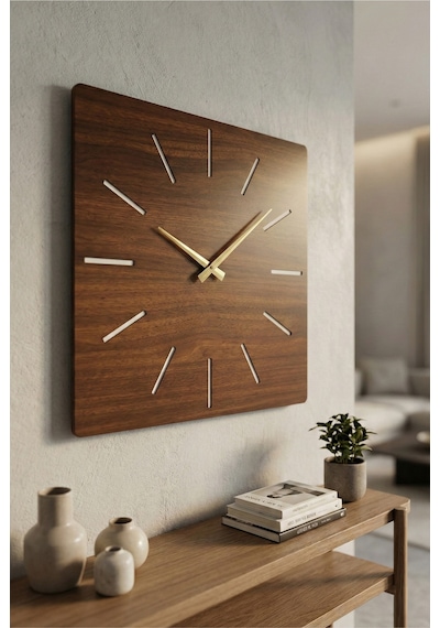 Kare Ahşap Ceviz Renk Sade Sayılı Hediyelik Sessiz Duvar Saati 50cm Kahverengi