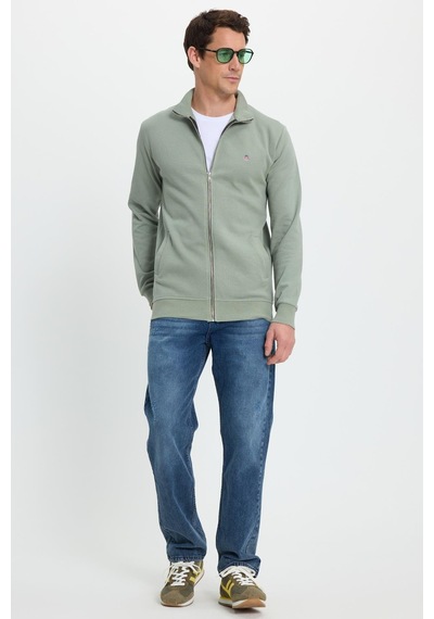 Tudors Erkek Slim Fit Dar Kesim Pamuklu Tam Fermuarlı Çift Cepli Dik Yaka Yeşil Sweatshirt Hırka-41893 Yeşil
