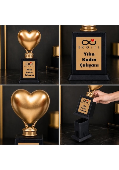 Logonuza Özel 5 Adet Mesajlı Gold Renk Kalpli Gizli Bölmeli Kurumsal Ödül Kupası Seti