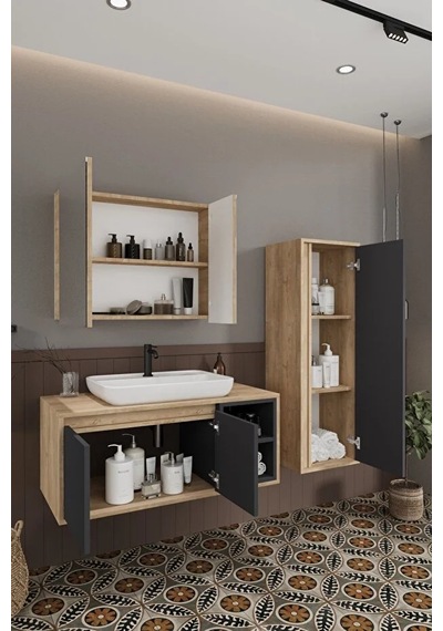 Lale 100 Cm %100 Mdf Lavabolu Banyo Dolabı + Aynalı Dolap + Boy Dolabı Antrasit