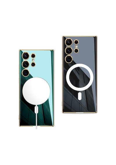 Galaxy S23 Ultra Kılıf Wireless Şarj Özellikli Kenarları Elektroplating Kaplama Aynalı Zore Kent Kapak Yeşil