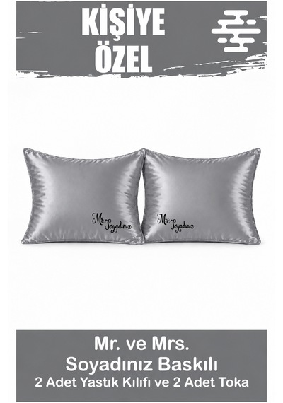 Kişiye Özel Baskılı Saten Yastık Kılıfı 2 Adet 50x70cm 2 Adet Hediye Saten Tokalı Gri