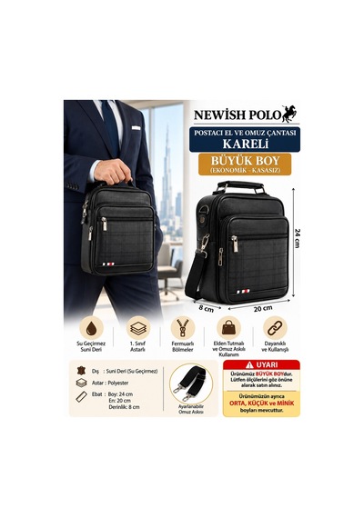 Newish Polo Postacı El Ve Omuz Çantası Kareli Suni Kasasız Büyük Siyah