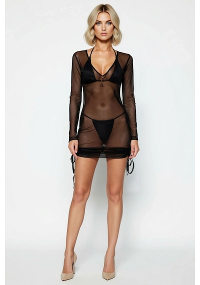 Benerly Kadın V Yaka Uzun Kol Bodycon Kalıp Mini Elbise Fonksiyonel Rahat Siyah