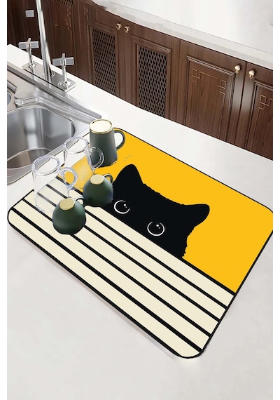 Sarı Kedi Temalı Microfiber Bulaşık Kurutma Matı Mm015