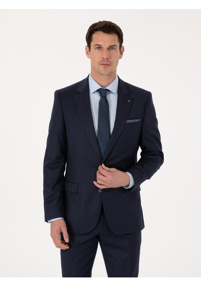 Cacharel Lacivert Slim Fit Yün Karışımlı Mikro Desenli Klasik Ceket