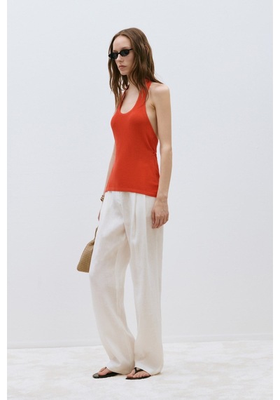 Suud Collection Turuncu Estel Halter Dökümlü Triko Bluz