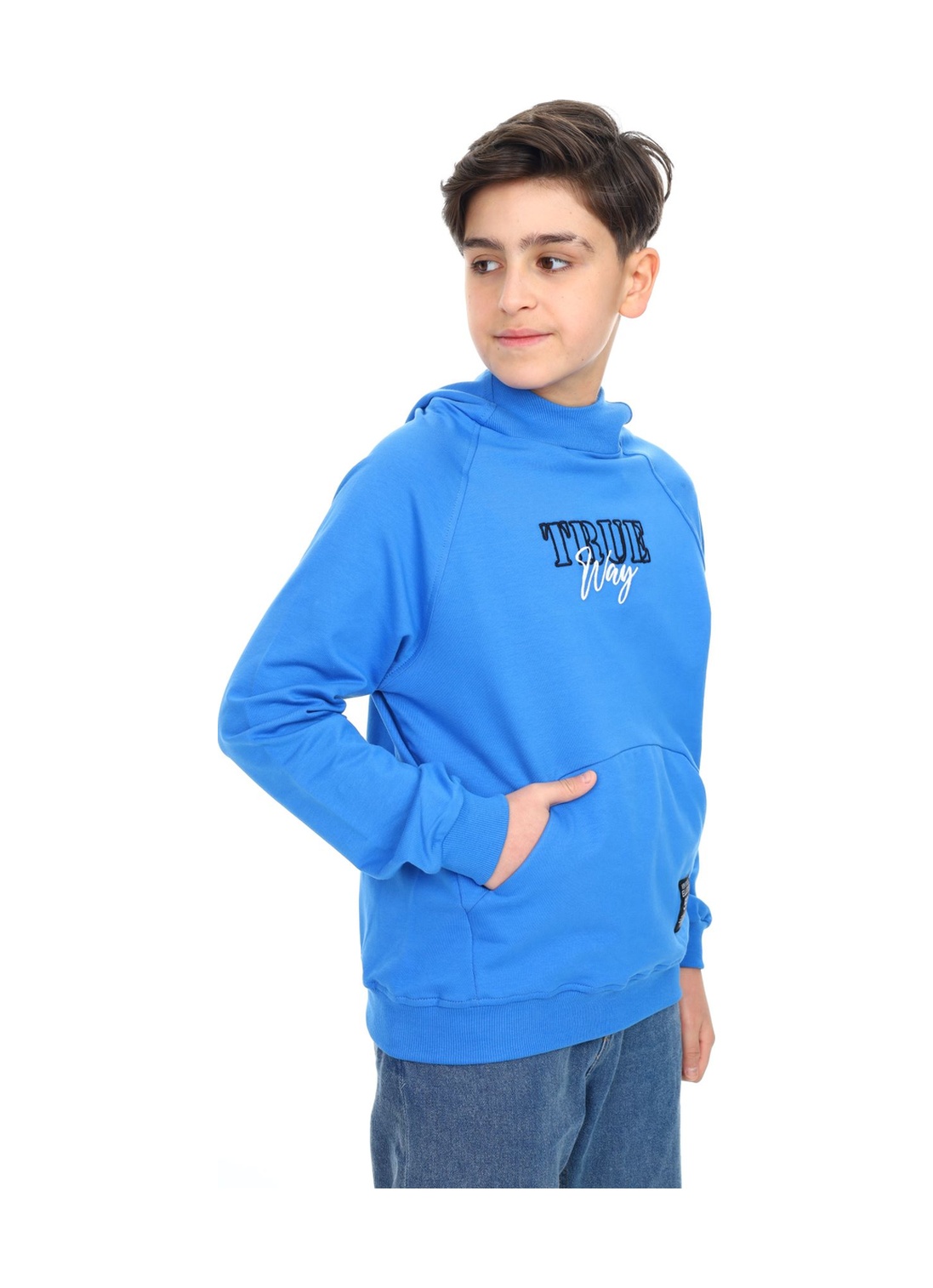 Toontoy Kids Toontoy Erkek Çocuk Relax Fit Kapüşonlu Cepli Reglan Kol Baskılı Sweatshirt - 2 İplik Saks