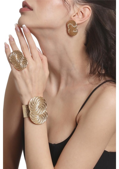 Kadın Lak Altın Renk Kaplama Spiral Baskılı Tasarım Küpe &yüzük &bilekik Set Altın