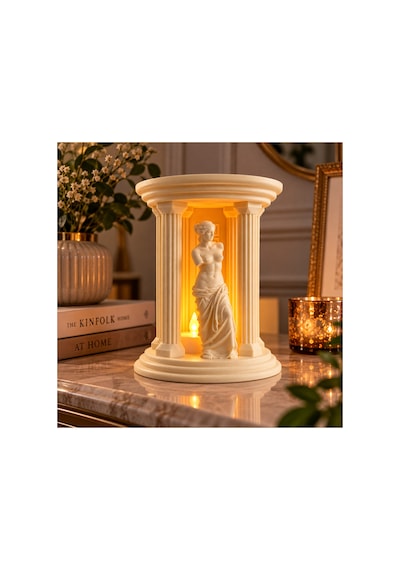 3d Dekoratif Afrodit Heykeli Sütunlu Pilli Mumluk - Krem Renk Tapınak Konseptli Biblo 17 Cm - Krem