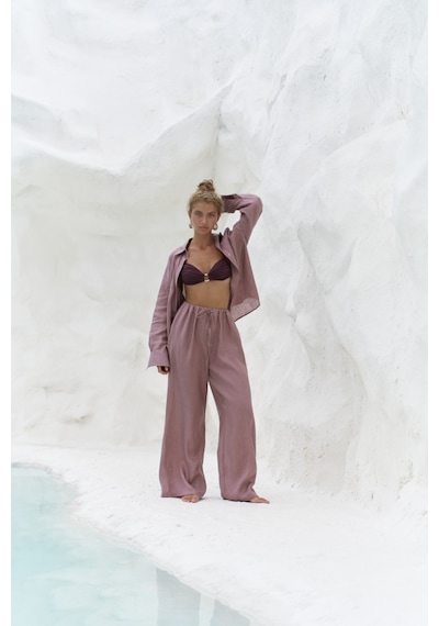Mai Collection Mai Studios Co. Jelsomina Oversize Açık Bordo Keten Gömlek Pantolon Takım Acık Bordo
