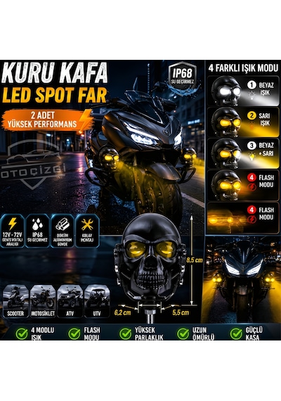 2 Adet Siyah Kuru Kafa Led Spot Sis Farı - 4 Işık Modlu, Ip68 Motosiklet Atv Utv Su Geçirmez Set