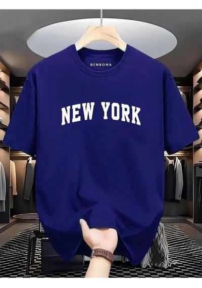 New York Beyaz Baskılı Oversize Tişört Lacivert